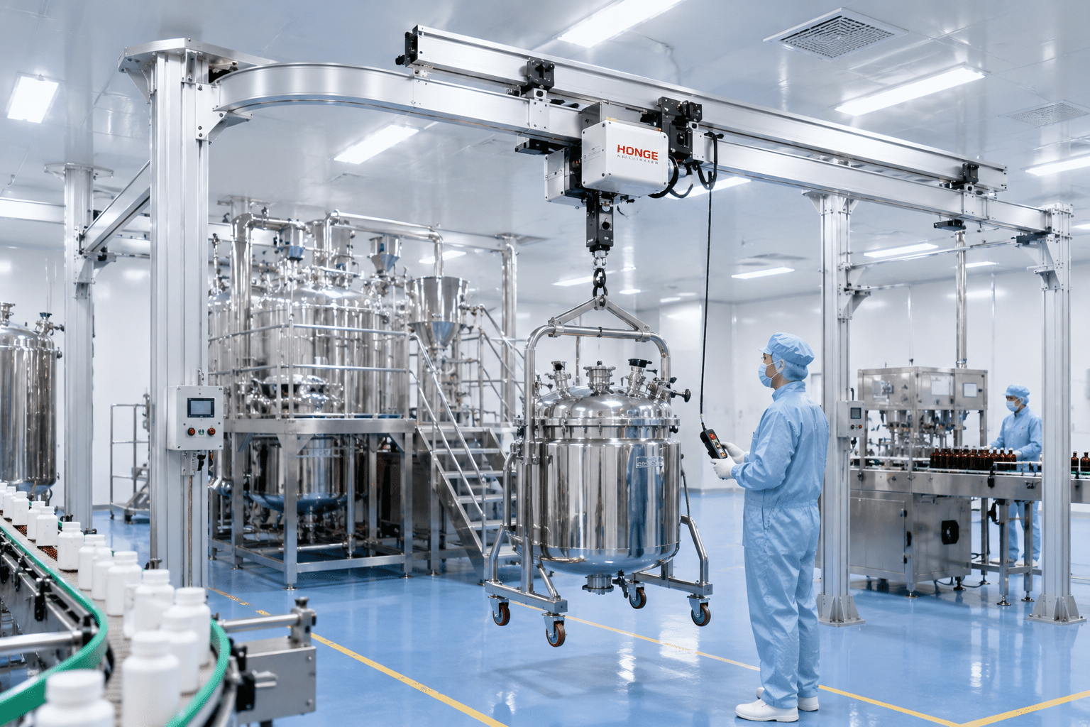 Aluminum crane systems for pharmaceutical and food production